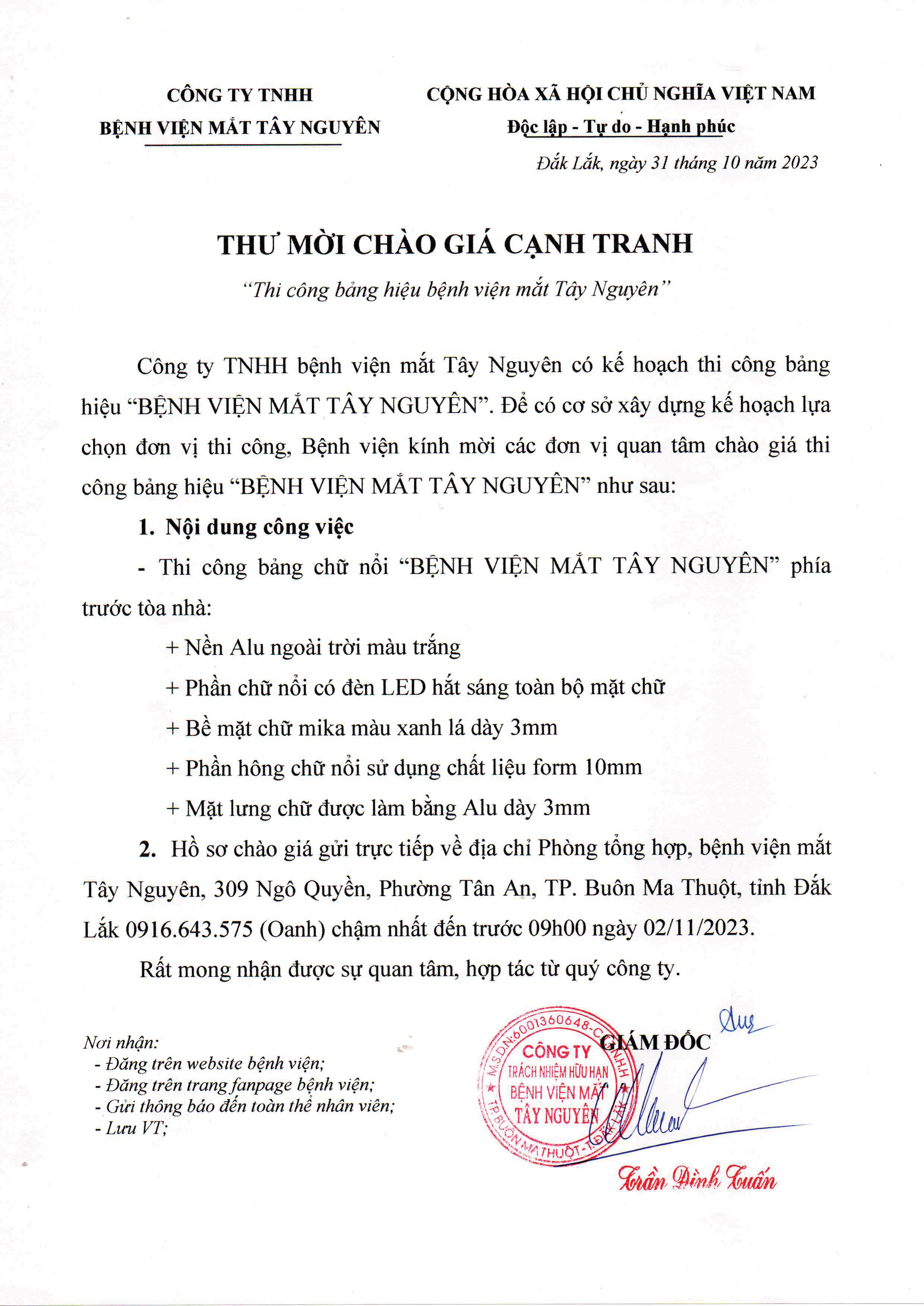 THƯ MỜI CHÀO GIÁ CẠNH TRANH